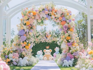 Enchanting Floral Archway with Teddy Bears, A Whimsical Celebration Scene