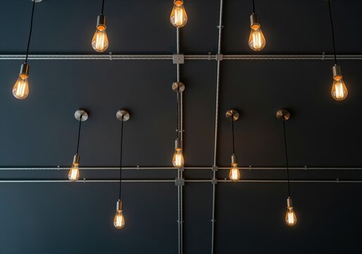 Modern industrial ceiling design featuring glowing vintage edison light bulbs and conduit
