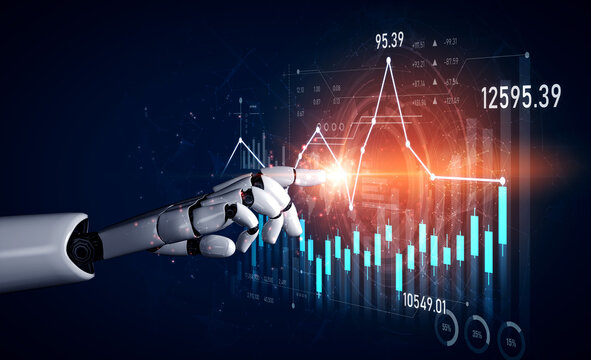 A robotic hand interacts with vibrant digital financial data, showcasing stock market trends, innovative technology, and the future of economic analysis and investment strategies. Scalp