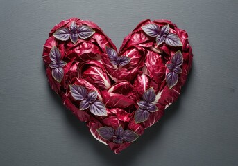 Symmetrical heart shape made of crimson radicchio and purple basil leaves on dark gray.