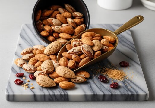 Abundant heap of raw almonds, shelled and unshelled, spilling from a scoop onto a marble board. - Powered by Adobe