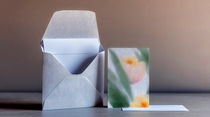 An open gray envelope sits next to a small greeting card with a soft floral design, suggesting correspondence or a special message.