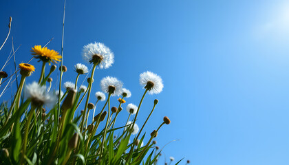 Field with dandelions and blue sky, studio lighting. White tone