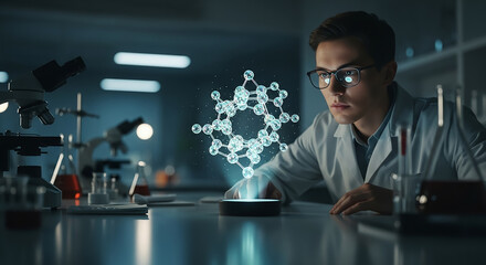 Scientist studying futuristic holographic molecule in chemistry lab