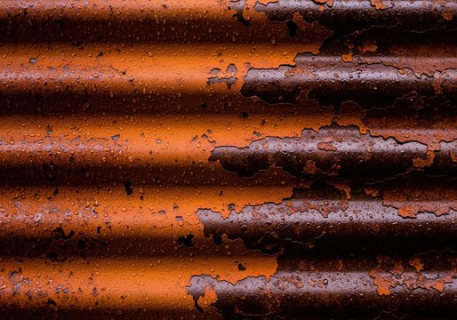 Detailed close up of severely rusted corrugated iron sheet with peeling paint and water droplets texture.