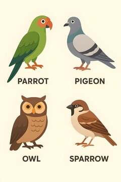 Birds chart picture parrot pigeon owl sparrow for ECCE Classroom kids 