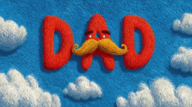 A whimsical depiction of the word "DAD" with a face and mustache, floating among fluffy clouds, symbolizing fatherhood and a playful spirit.