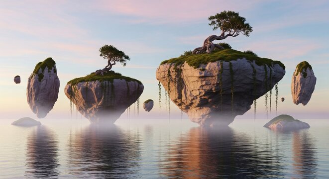 A serene and tranquil fantasy landscape featuring surreal floating islands with ancient trees reflected in the calm water at sunset