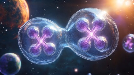 Microscopic view  nucleus division of two translucent cells in space