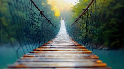 A rustic wooden suspension bridge crosses a serene river, disappearing into a misty, sun-dappled forest.