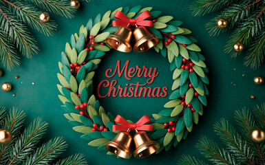 3D Green Wreath with Bells & Text