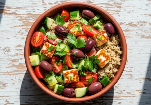 Healthy mediterranean quinoa bowl with grilled halloumi cheese, olives, tomato, and cucumber. - Powered by Adobe