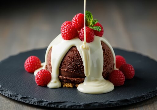 Gourmet chocolate dessert with raspberries and creamy white sauce drizzle - Powered by Adobe