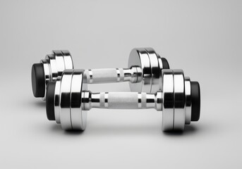 Pair of shiny chrome adjustable dumbbells for fitness and strength training on gray background