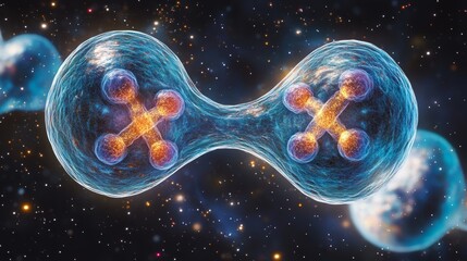 Microscopic view  nucleus division of two translucent cells in space