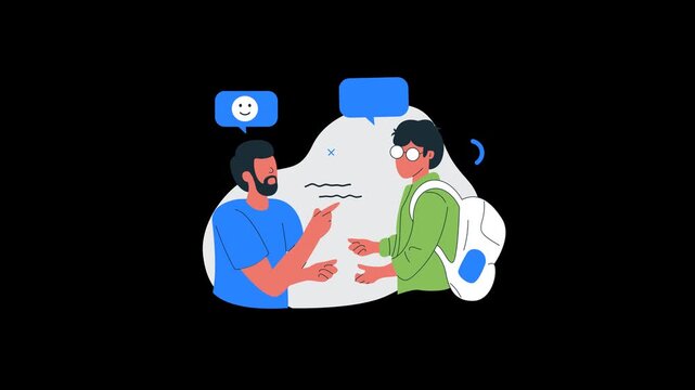 Two Men Talking And Discussing Ideas With Speech Bubbles In Flat Design Animation