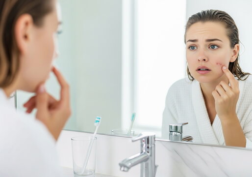 Concerned woman examining an acne breakout on her face in the bathroom mirror. Reflecting on skin problems and self-care.