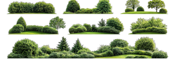 Collection of various green bushes and shrubs in different shapes