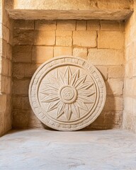 Ancient Stone Carving of Floral Sunburst Design Set Against Rough Brick Wall Interior Architectural Detail With Intricate Circular Pattern