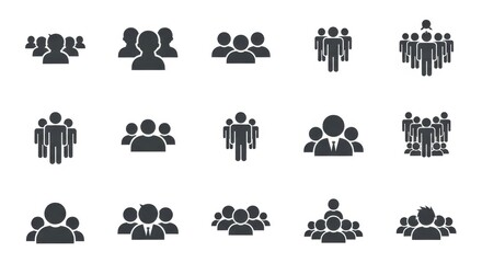 People Icon Set Representing Groups and Crowds, Flat Vector Silhouette Design on White Background for Infographic or Business Use