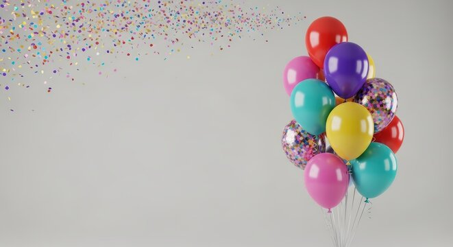 Birthday. Colorful balloons in various shapes and sizes, floating together with confetti scattered in the air, creating a festive atmosphere for children's birthday celebrations