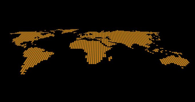 Digital world map design that is assembled in orange with dots on a black background
