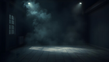 Background of an empty dark room, smoke and dust, hyperrealism. White tone