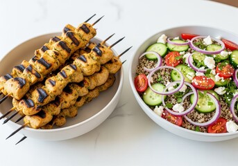 Grilled chicken skewers and fresh mediterranean quinoa salad with cucumber, tomato, and feta cheese