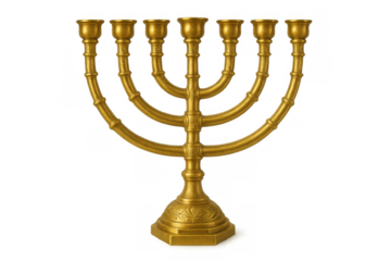 Golden menorah candelabrum representing jewish religious tradition and culture with seven branches for worship and celebration