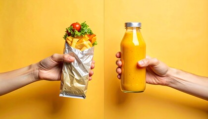 Delicious wrap with fries and fresh juice drink on yellow background