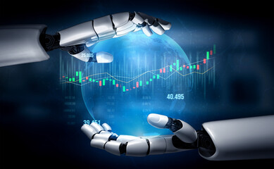Futuristic robotic hands cradle a glowing globe surrounded by financial charts, symbolizing the integration of technology and data analytics in global markets. Scalp
