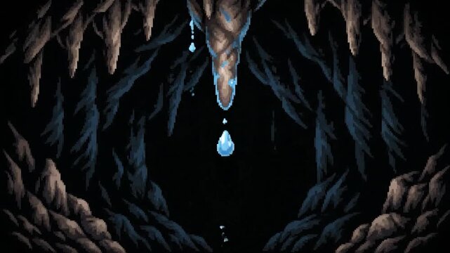Pixelated illustration of a cave interior with stalactites, dripping water, and dark atmosphere