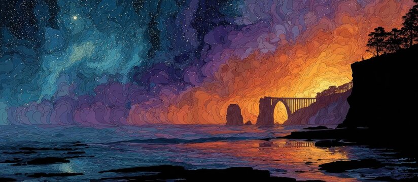 Dramatic Coastal Sunset with Starry Sky, Painterly Impression