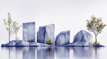 A minimalist landscape featuring abstract, sculpted rock formations and sparse trees reflected in calm water.