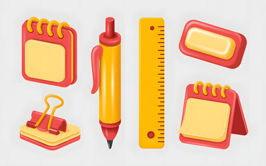 Stationery and office supplies with pen ruler paper clip note sticker and calendar 3d render illustration isolated on white
