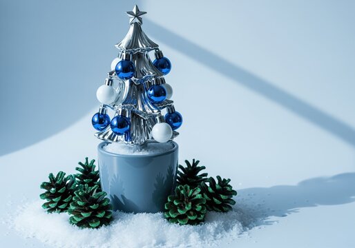 Silver miniature christmas tree decorated with blue and white ornaments and pine cones