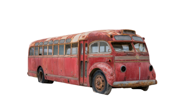 Vintage old red bus with classic design and worn exterior parked on street isolated on white background