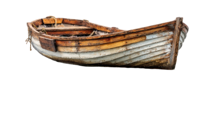  Classic wooden boat floating on calm water with detailed craftsmanship isolated on white background