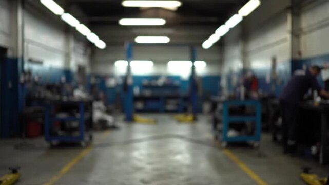 Interior of a blurred automotive repair shop, with fluorescent lights and tools