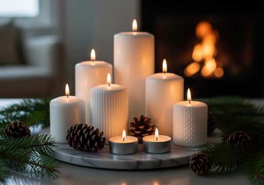 Cozy arrangement of white pillar candles and tealights with pine cones and fir branches by a warm fireplace