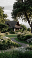 Fototapeta premium Tranquil Retreat: An idyllic cottage is nestled amidst a meticulously manicured landscape, evoking a sense of serenity. A winding path beckons towards the inviting dwelling.