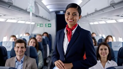 A smiling flight attendant in a navy uniform points to an IV drip, passengers in the background