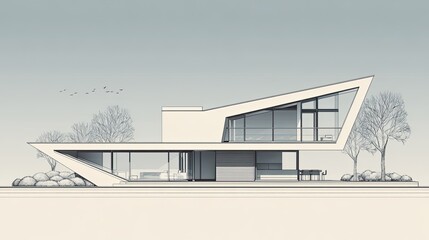 Fototapeta premium Modern Architectural Design Featuring Sleek Lines and Innovative Geometry in a Coastal Landscape