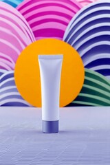 A white cosmetic tube with a purple cap stands centered against a vibrant, abstract background featuring a large orange circle and colorful striped spheres.