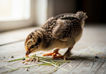 Striped baby chick actively pecking at seeds on a rustic wooden floor indoors