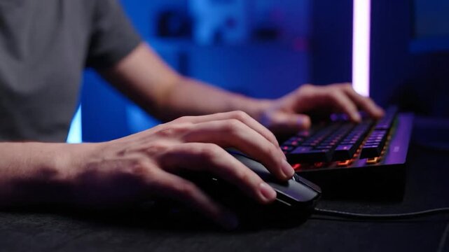 Close-up of hands using illuminated gaming keyboard and mouse on a dark surface, blue lit room
