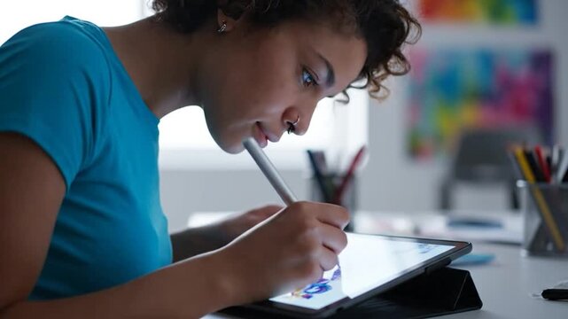 A young woman, wearing a blue shirt, uses a stylus on a digital tablet at a desk - Powered by Adobe
