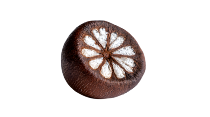 Closeup of a brown seed with white floral pattern