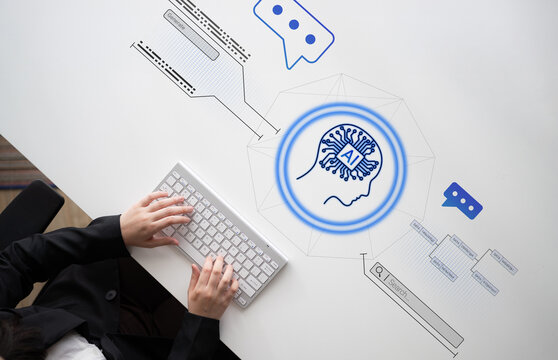 AI neural head with data connections and speech bubbles symbolizing smart data generation, learning, and analysis Parse - Powered by Adobe