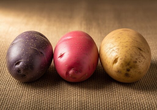 Purple red and yellow potatoes displayed side by side on a rustic fabric.